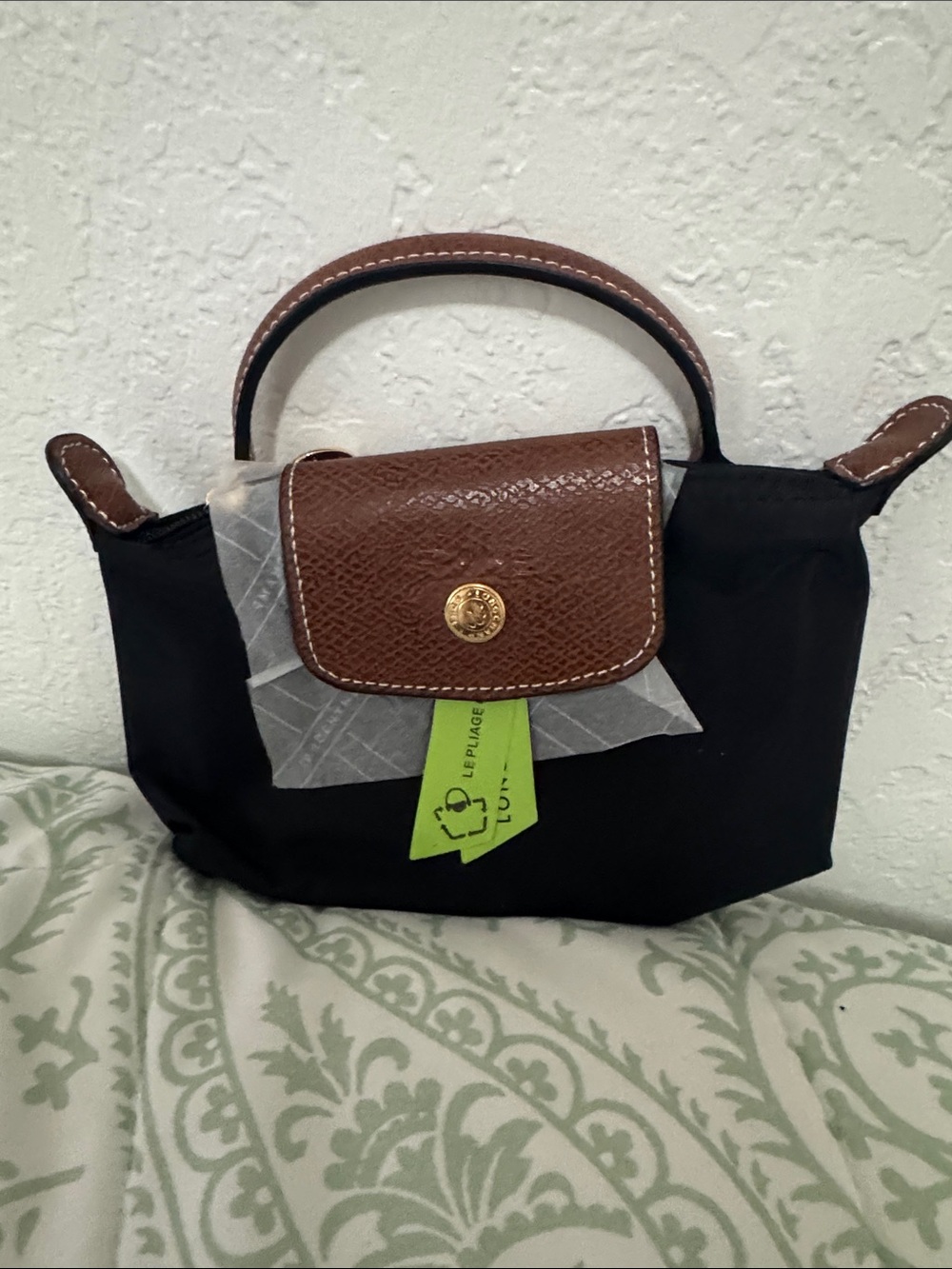 Longchamp Black Nylon Mini Tote with Brown Leather Trim